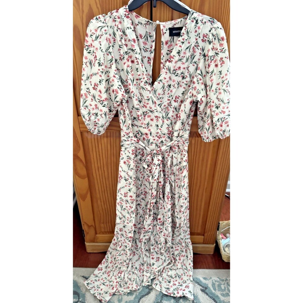 NWT Minkpink Women's Pink Floral Dress Sz L Balloon Sleeves Tie Belt Cottagecore - Picture 8 of 14
